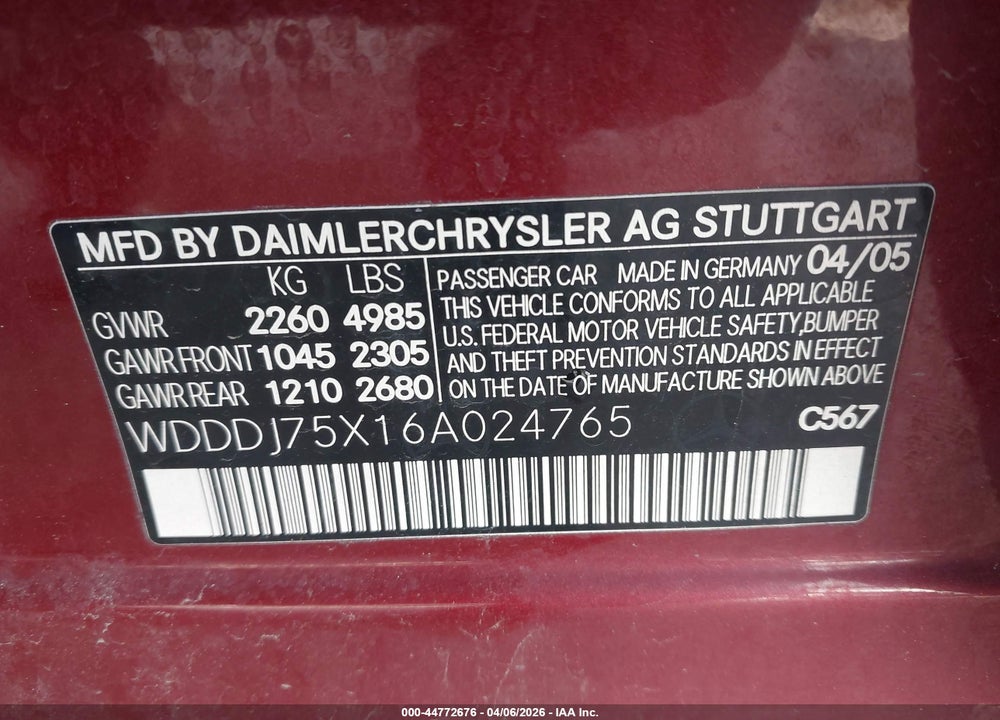 2006 MERCEDES-BENZ CLS 500 VIN: WDDDJ75X16A024765