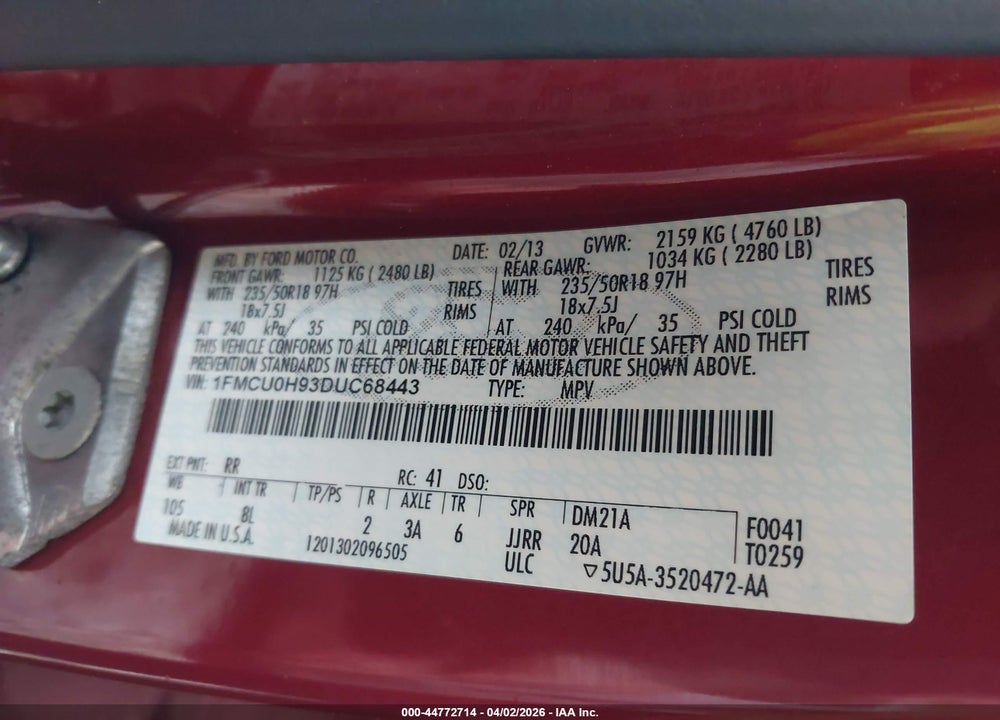 2013 FORD ESCAPE SEL VIN: 1FMCU0H93DUC68443