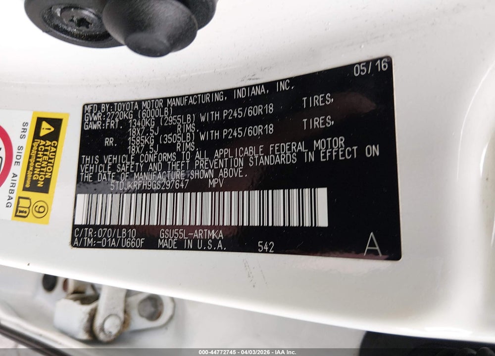 2016 TOYOTA HIGHLANDER XLE V6 VIN: 5TDJKRFH9GS297647