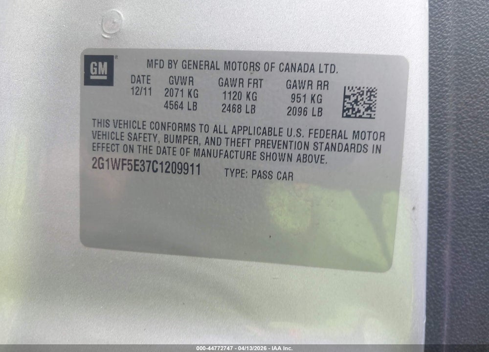 2012 CHEVROLET IMPALA LS VIN: 2G1WF5E37C1209911