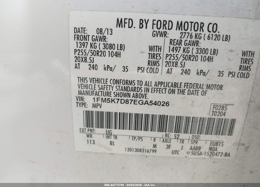 2014 FORD EXPLORER XLT VIN: 1FM5K7D87EGA54026
