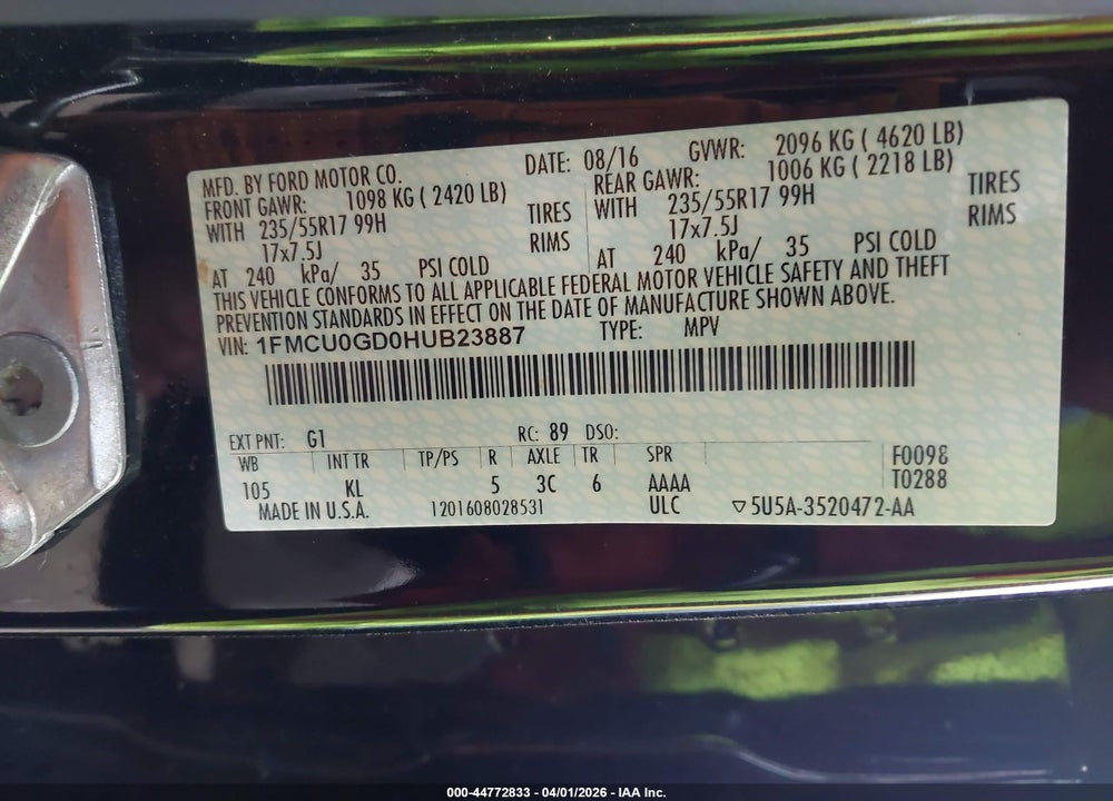 2017 FORD ESCAPE SE VIN: 1FMCU0GD0HUB23887