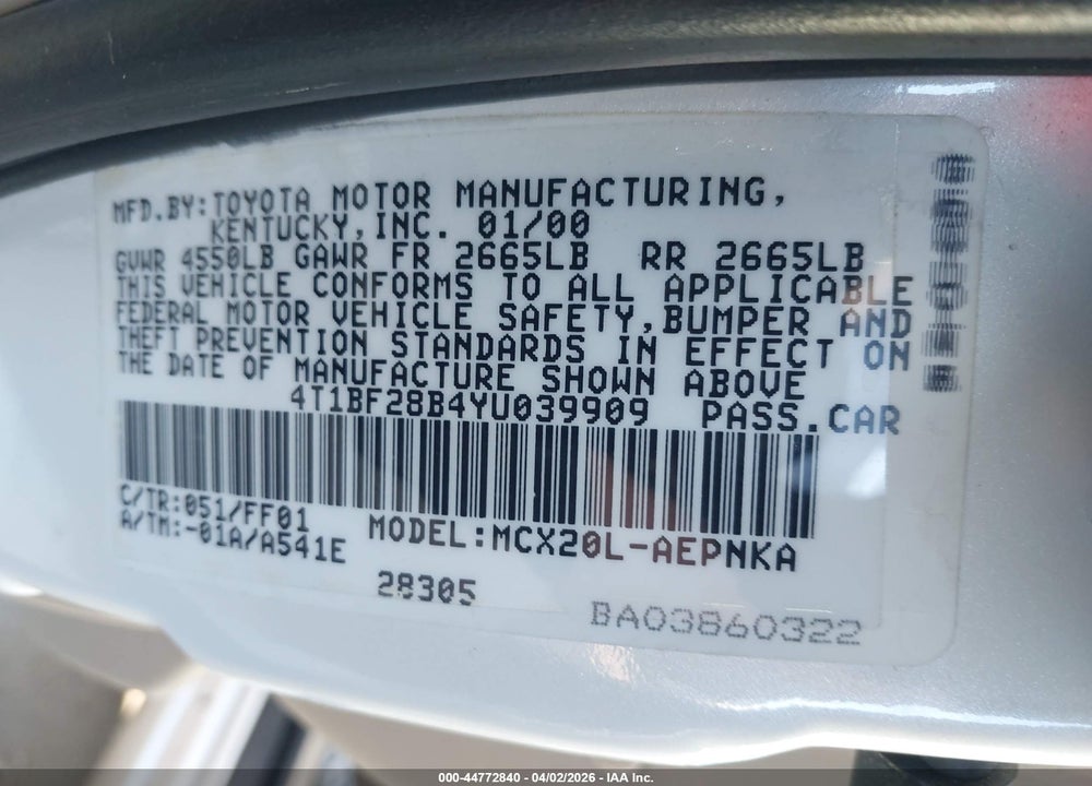 2000 TOYOTA AVALON XL VIN: 4T1BF28B4YU039909