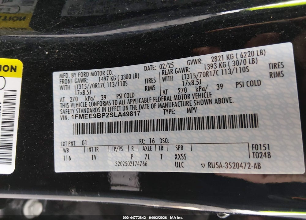 2025 FORD BRONCO BADLANDS VIN: 1FMEE9BP2SLA49817