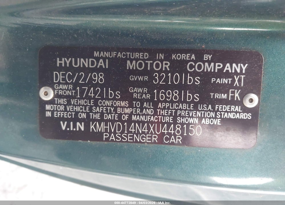 1999 HYUNDAI ACCENT L VIN: KMHVD14N4XU448150
