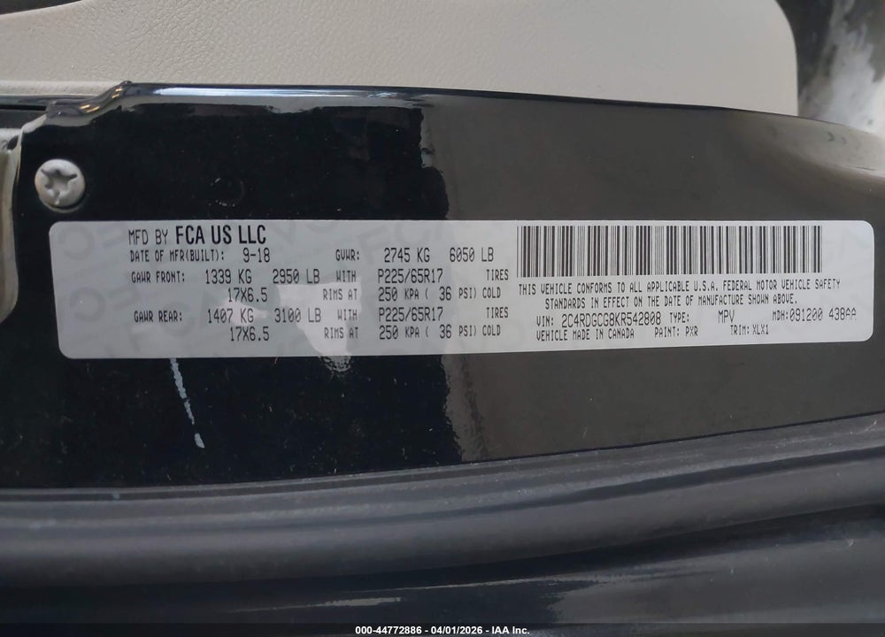 2019 DODGE GRAND CARAVAN SXT VIN: 2C4RDGCG8KR542808
