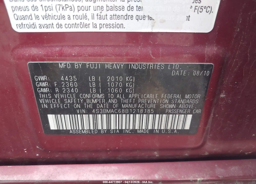 2011 SUBARU LEGACY 2.5I PREMIUM VIN: 4S3BMAC68B1218185