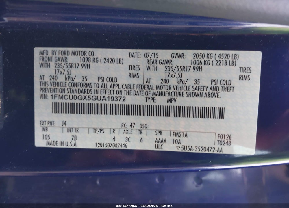 2016 FORD ESCAPE SE VIN: 1FMCU0GX5GUA19372