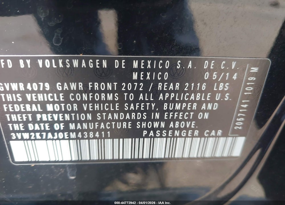 2014 VOLKSWAGEN JETTA 2.0L S VIN: 3VW2K7AJ0EM438411