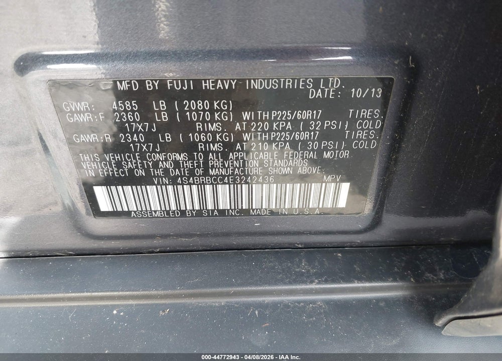2014 SUBARU OUTBACK 2.5I PREMIUM VIN: 4S4BRBCC4E3242436