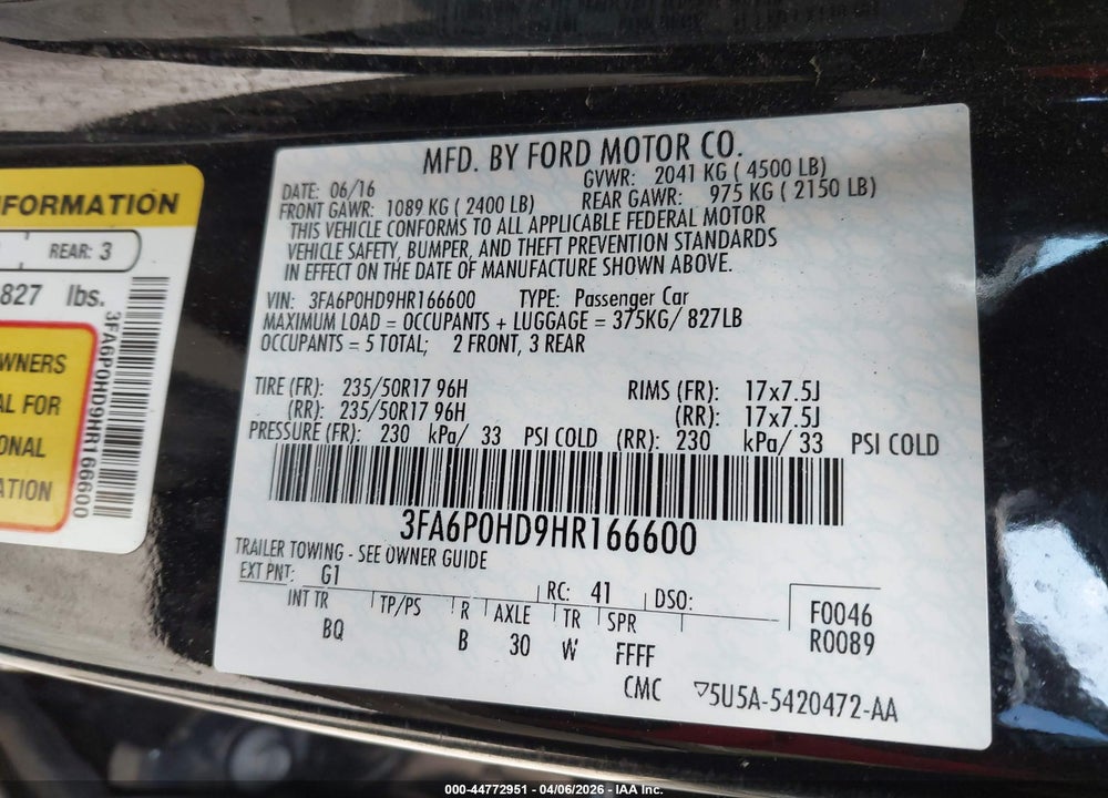 2017 FORD FUSION SE VIN: 3FA6P0HD9HR166600