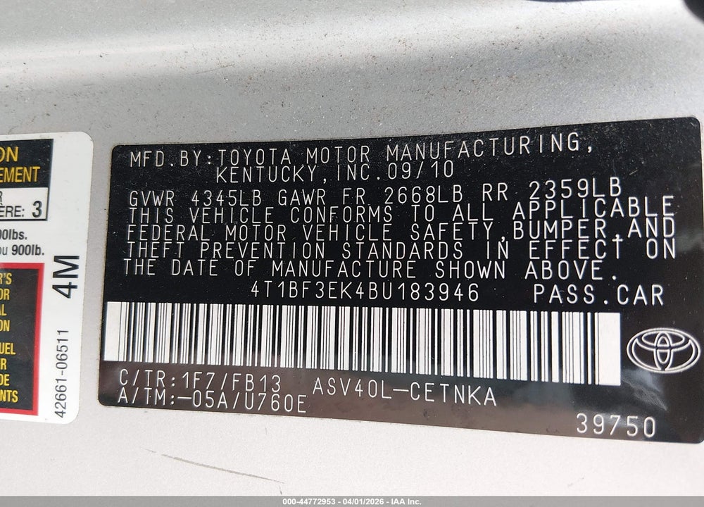 2011 TOYOTA CAMRY LE VIN: 4T1BF3EK4BU183946