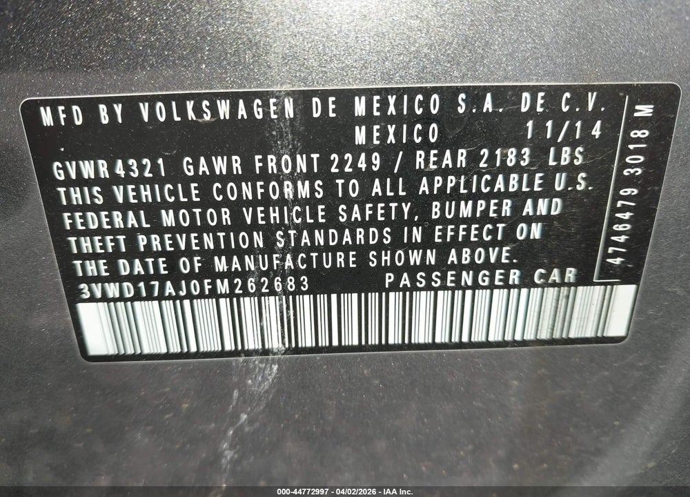 2015 VOLKSWAGEN JETTA 1.8T SE VIN: 3VWD17AJ0FM262683