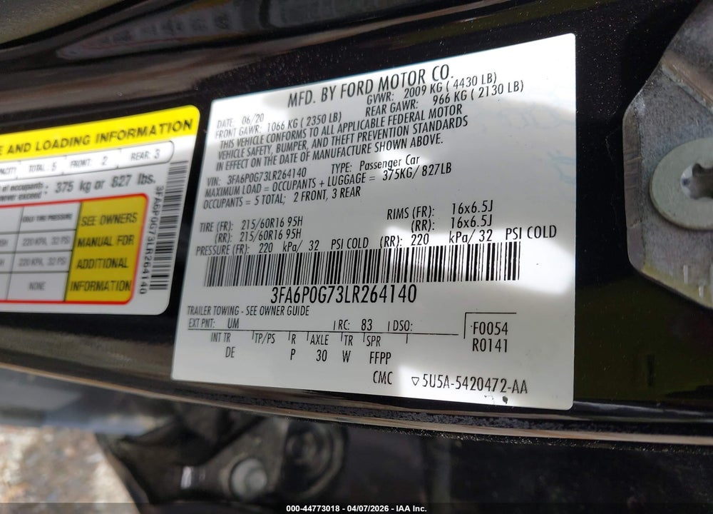 2020 FORD FUSION S VIN: 3FA6P0G73LR264140