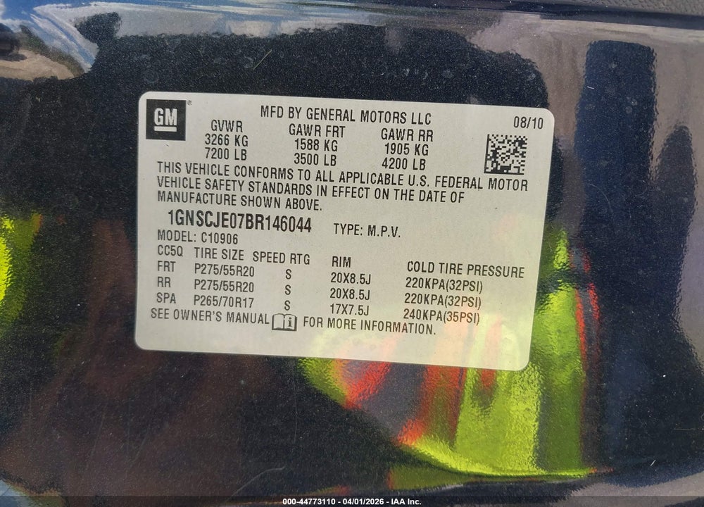 2011 CHEVROLET SUBURBAN 1500 LT1 VIN: 1GNSCJE07BR146044