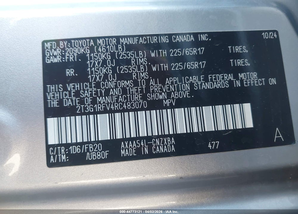2024 TOYOTA RAV4 LE VIN: 2T3G1RFV4RC483070