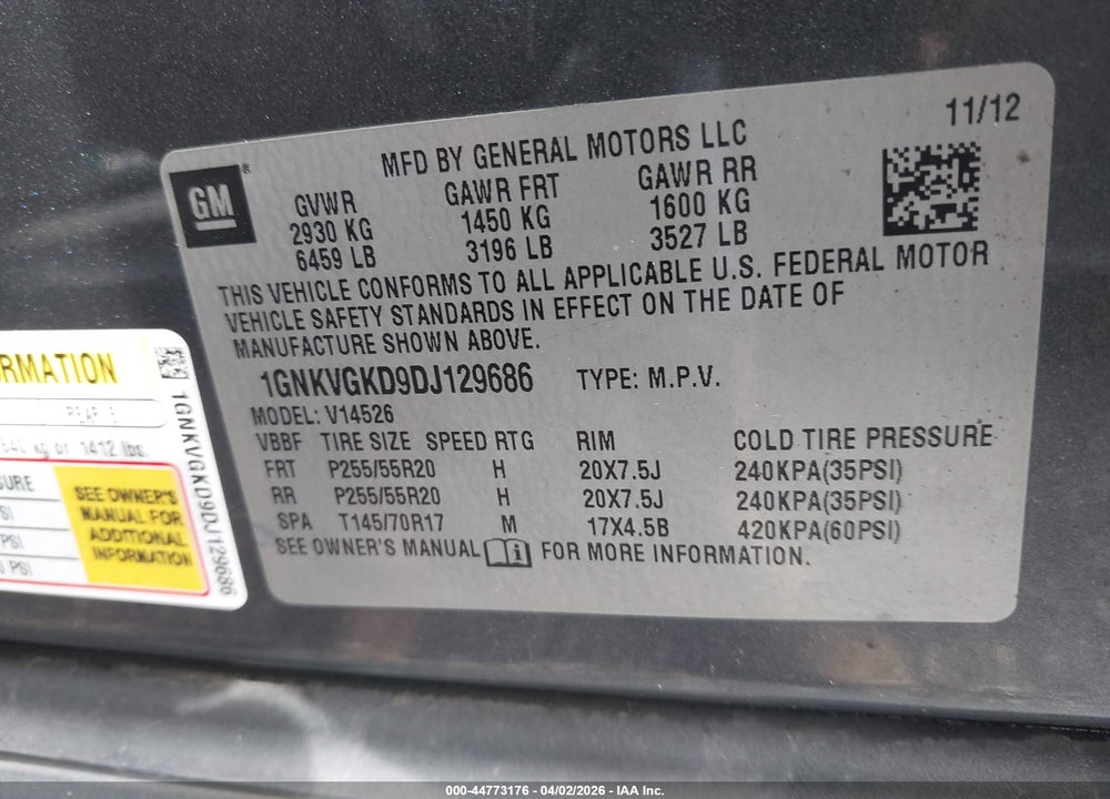 2013 CHEVROLET TRAVERSE 1LT VIN: 1GNKVGKD9DJ129686