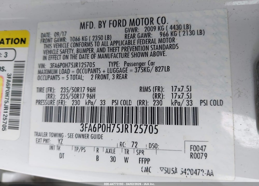 2018 FORD FUSION SE VIN: 3FA6P0H75JR125705