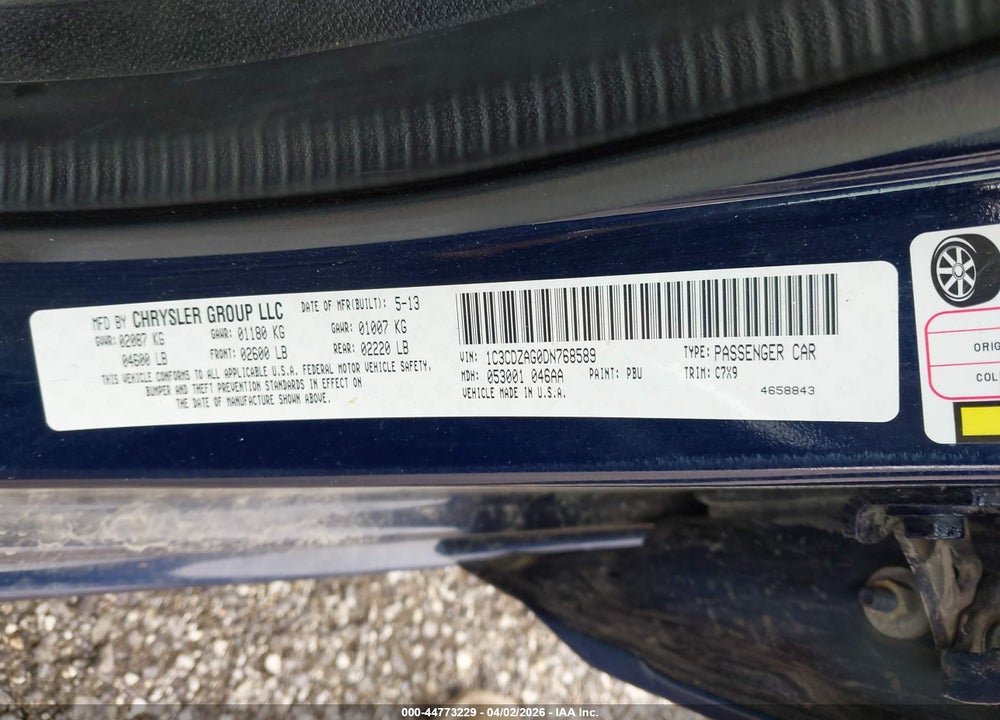 2013 DODGE AVENGER SE V6 VIN: 1C3CDZAG0DN768589