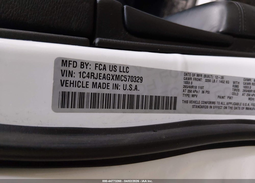 2021 JEEP GRAND CHEROKEE LAREDO X 4X2 VIN: 1C4RJEAGXMC570329