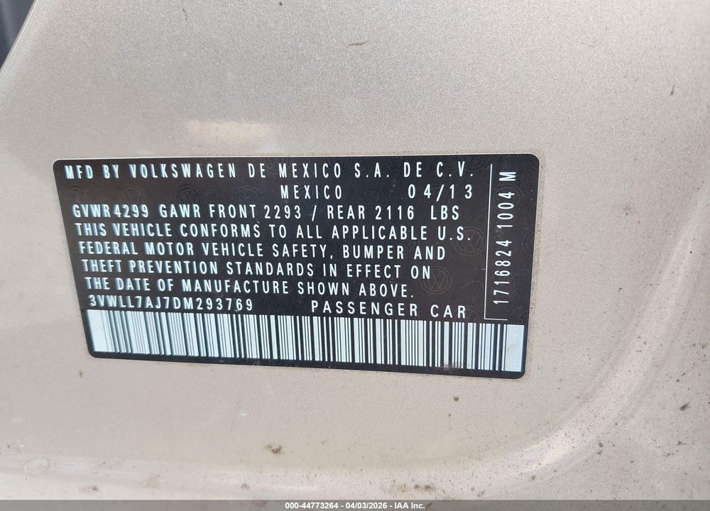2013 VOLKSWAGEN JETTA 2.0L TDI VIN: 3VWLL7AJ7DM293769
