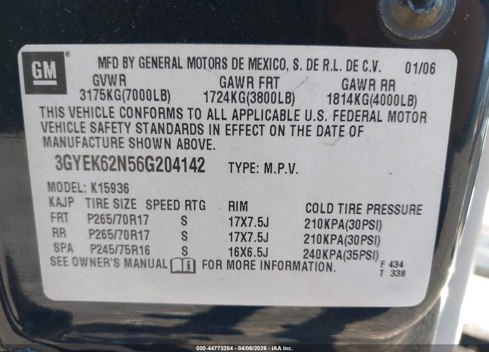 2006 CADILLAC ESCALADE EXT STANDARD VIN: 3GYEK62N56G204142