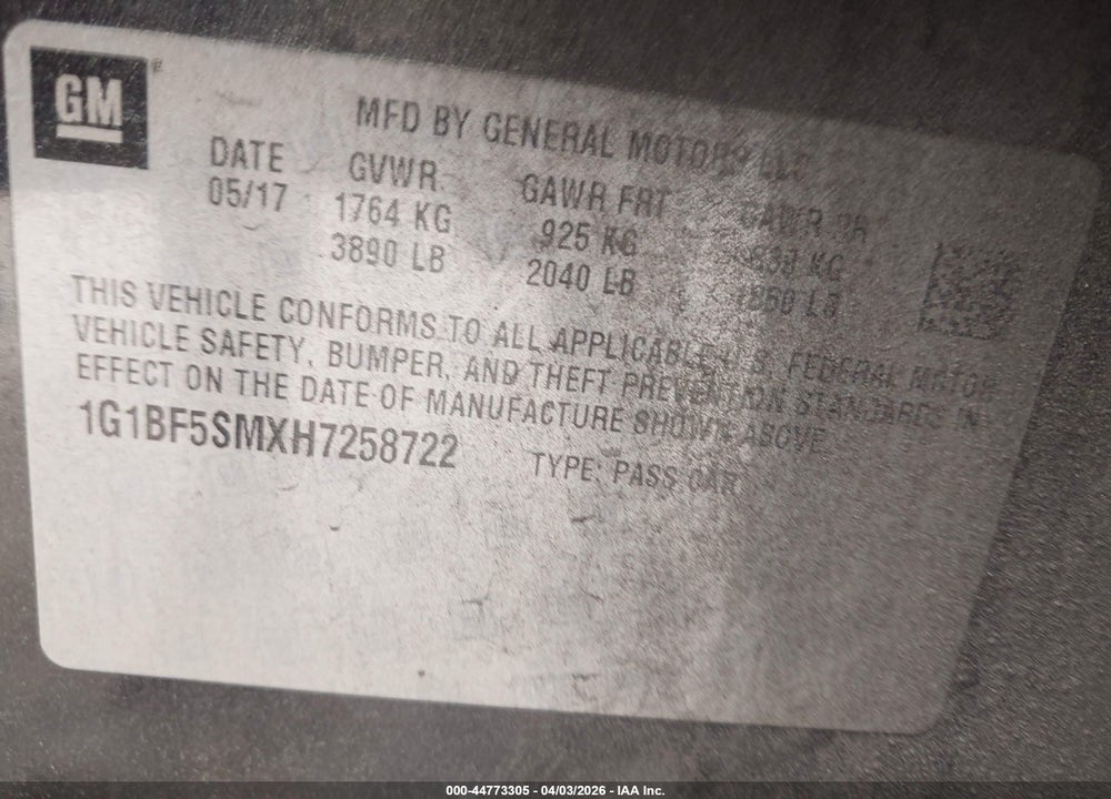 2017 CHEVROLET CRUZE PREMIER AUTO VIN: 1G1BF5SMXH7258722