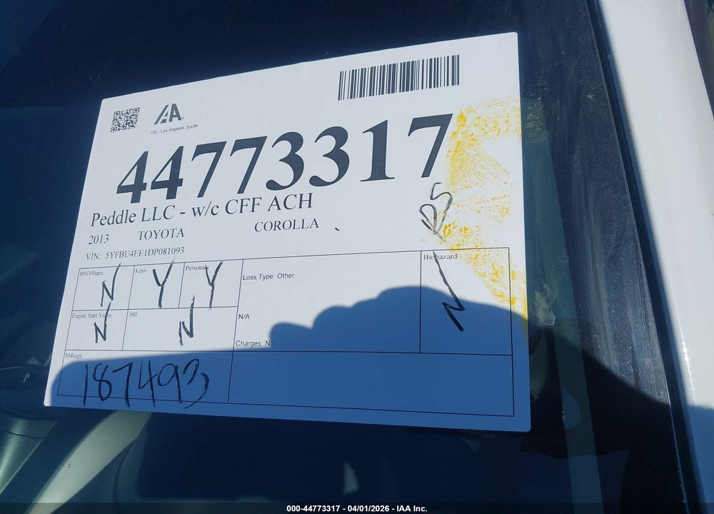 2013 TOYOTA COROLLA S VIN: 5YFBU4EE1DP081093