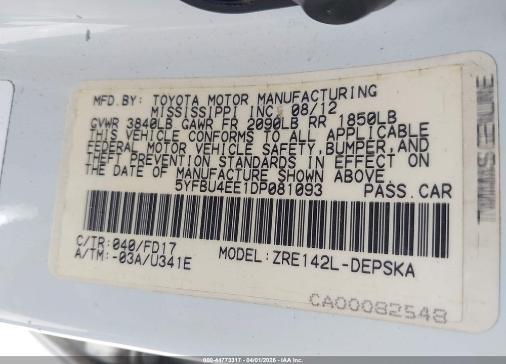 2013 TOYOTA COROLLA S VIN: 5YFBU4EE1DP081093