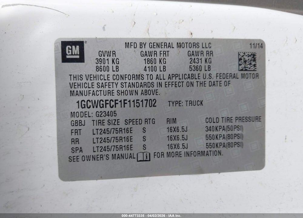 2015 CHEVROLET EXPRESS 2500 WORK VAN VIN: 1GCWGFCF1F1151702