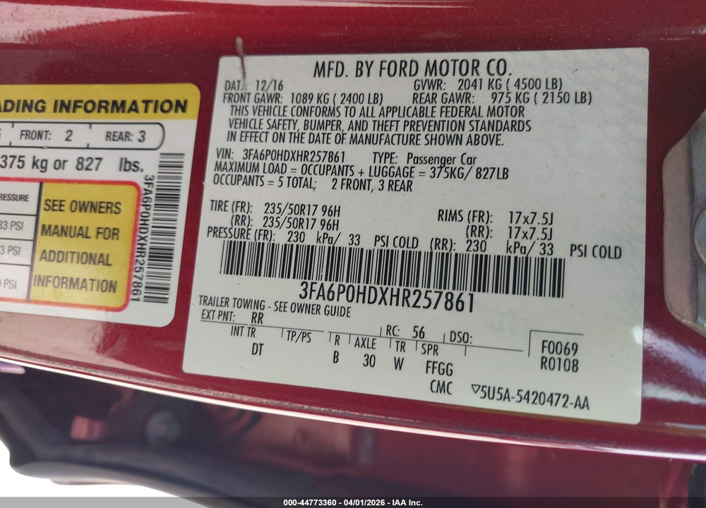 2017 FORD FUSION SE VIN: 3FA6P0HDXHR257861