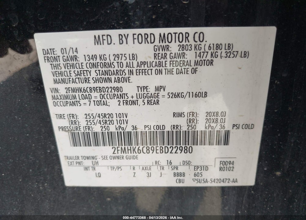 2014 FORD FLEX SEL VIN: 2FMHK6C89EBD22980