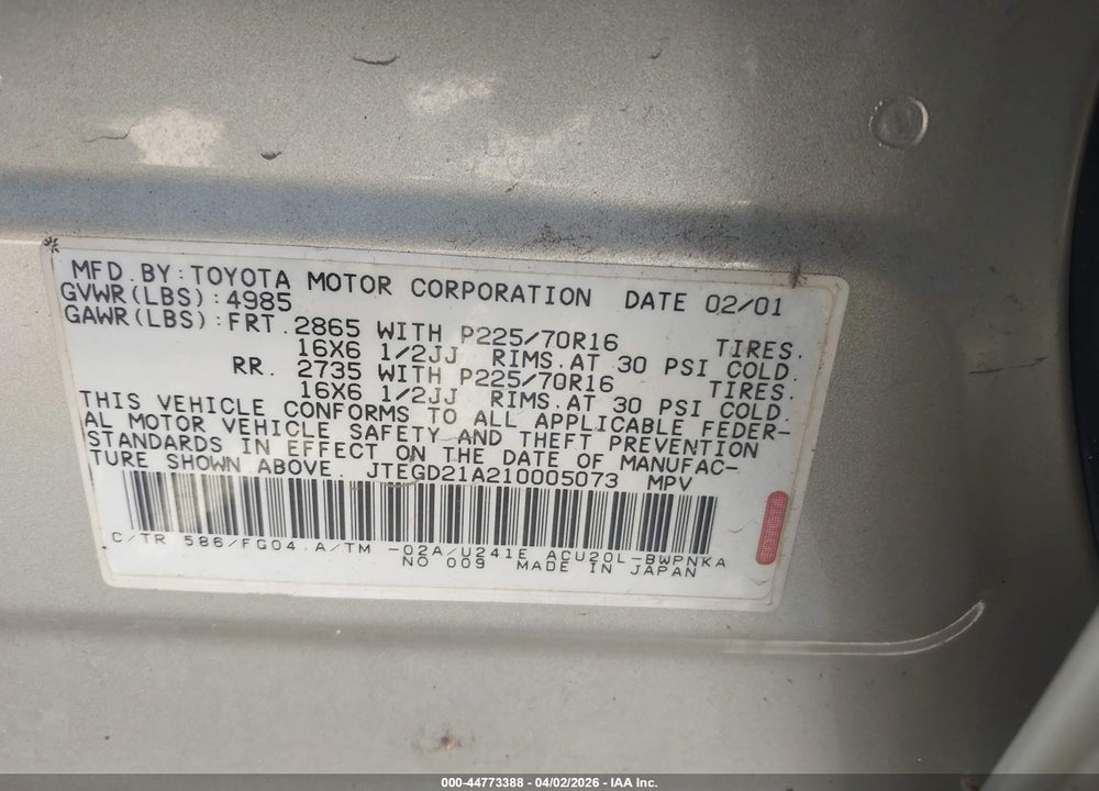 2001 TOYOTA HIGHLANDER VIN: JTEGD21A210005073