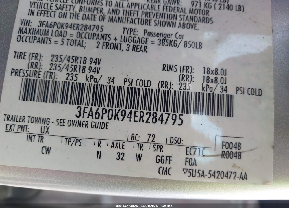 2014 FORD FUSION TITANIUM VIN: 3FA6P0K94ER284795