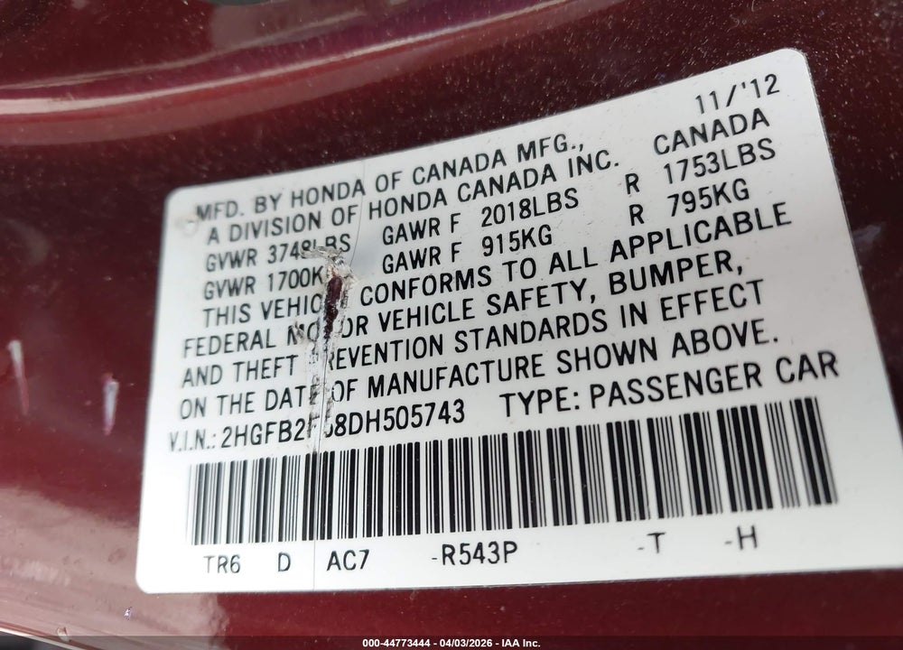2013 HONDA CIVIC LX VIN: 2HGFB2F58DH505743