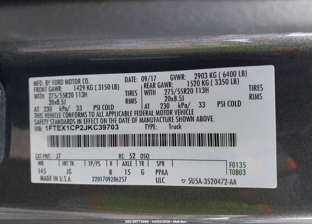 2018 FORD F-150 XL VIN: 1FTEX1CP2JKC39703