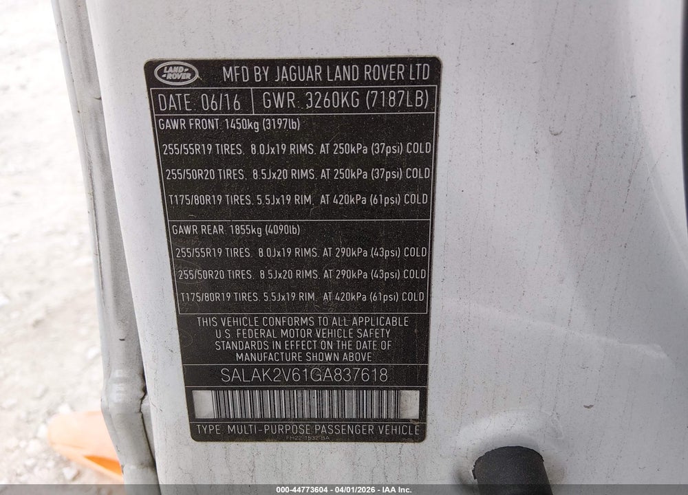 2016 LAND ROVER LR4 VIN: SALAK2V61GA837618