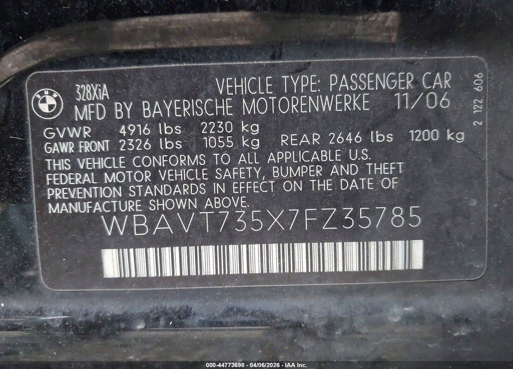 2007 BMW 328XI VIN: WBAVT735X7FZ35785