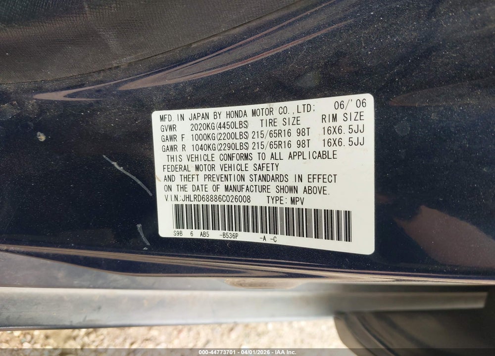 2006 HONDA CR-V EX VIN: JHLRD68886C026008