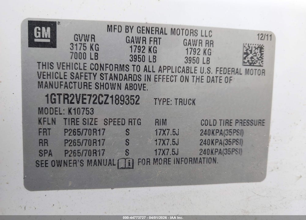 2012 GMC SIERRA 1500 SLE VIN: 1GTR2VE72CZ189352