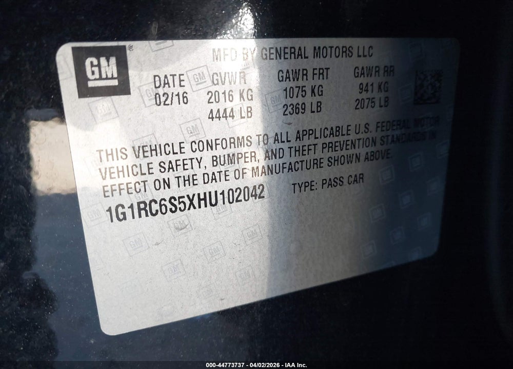 2017 CHEVROLET VOLT LT VIN: 1G1RC6S5XHU102042