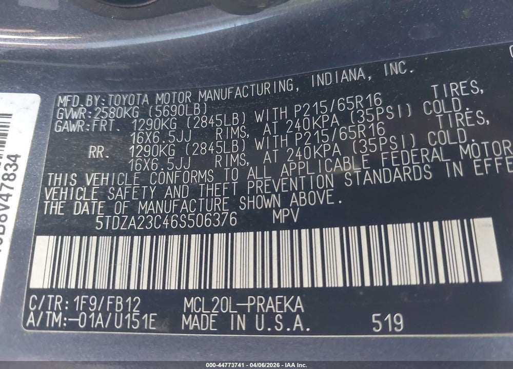 2006 TOYOTA SIENNA CE VIN: 5TDZA23C46S506376