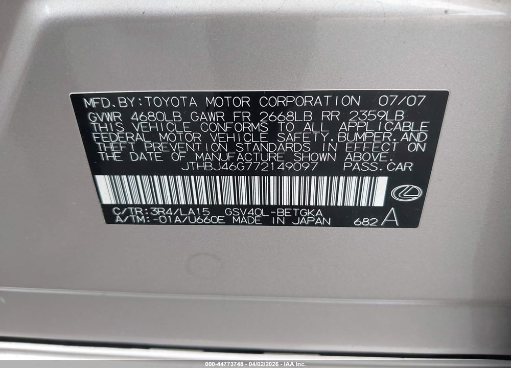2007 LEXUS ES 350 VIN: JTHBJ46G772149097