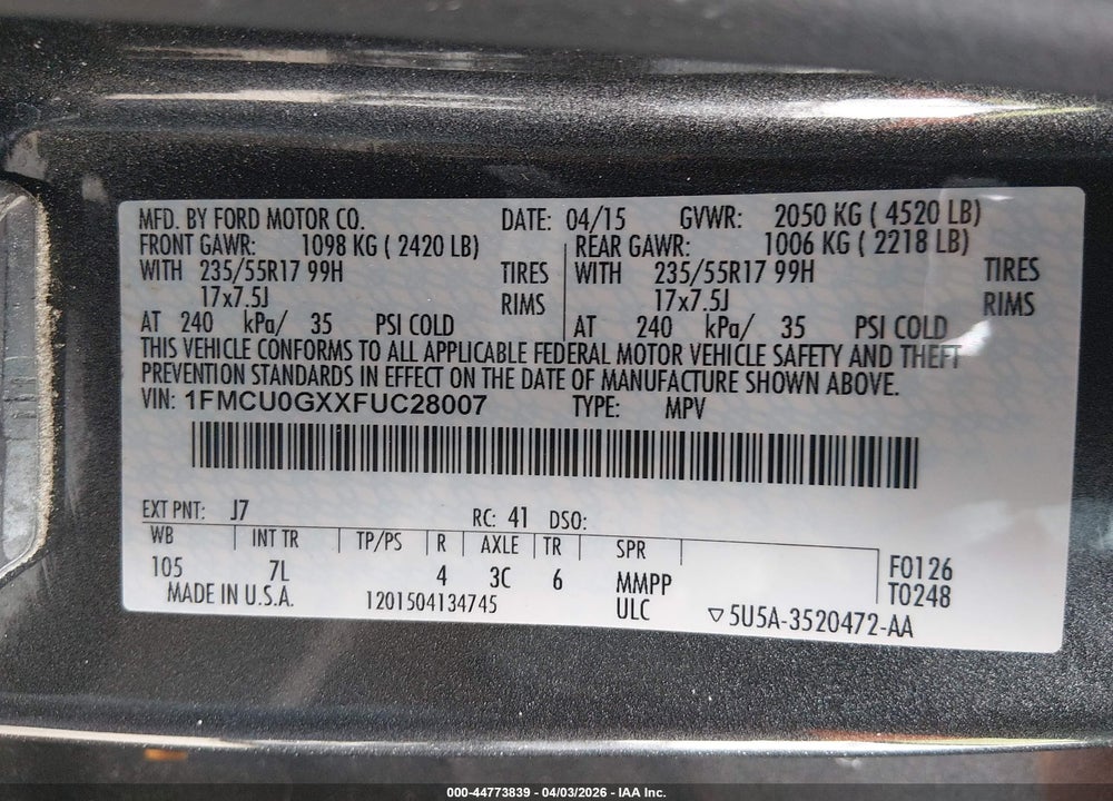 2015 FORD ESCAPE SE VIN: 1FMCU0GXXFUC28007