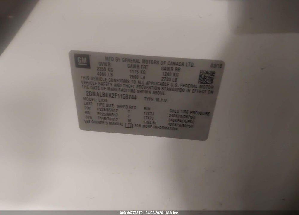 2015 CHEVROLET EQUINOX 1LT VIN: 2GNALBEK2F1153744