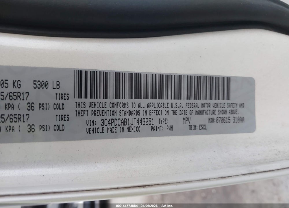 2018 DODGE JOURNEY SE VIN: 3C4PDCAB1JT443251