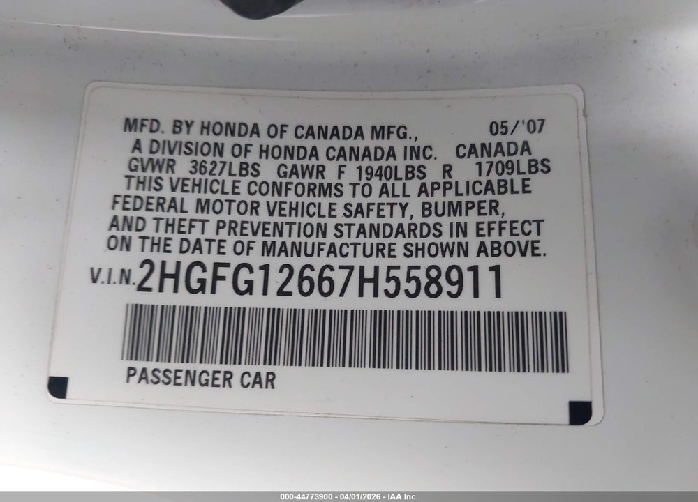 2007 HONDA CIVIC LX VIN: 2HGFG12667H558911