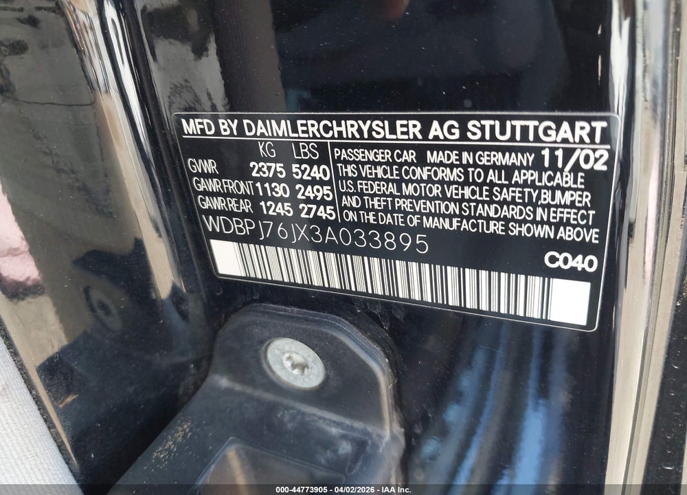 2003 MERCEDES-BENZ CL 600 VIN: WDBPJ76JX3A033895
