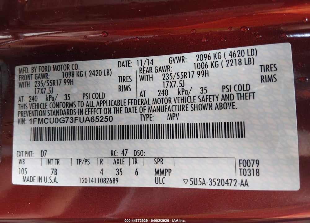 2015 FORD ESCAPE SE VIN: 1FMCU0G73FUA65250