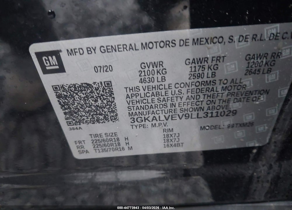 2020 GMC TERRAIN AWD SLT VIN: 3GKALVEV9LL311029